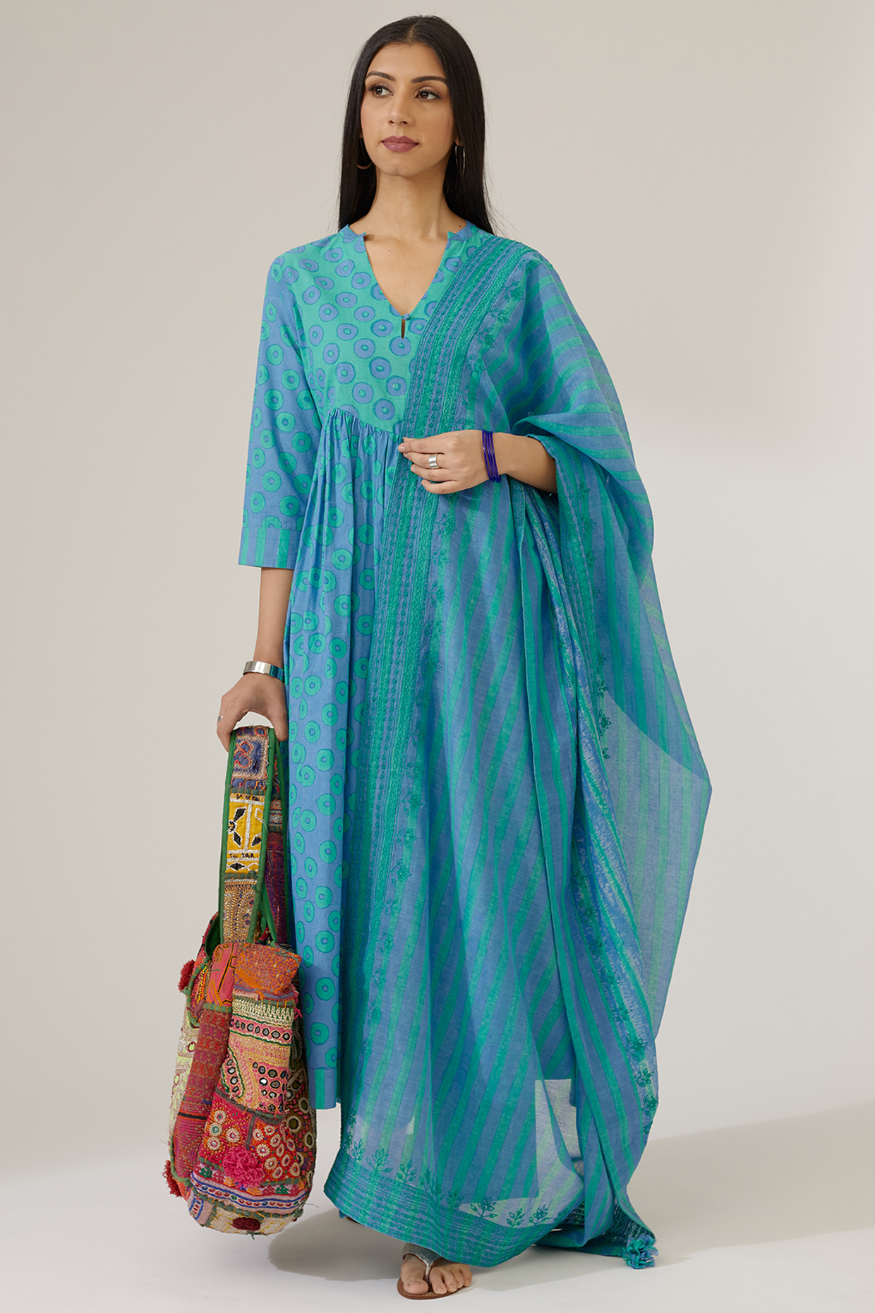 Blueberry Block Printed Flared Kurta Set by Kora at Pernia's Pop Up Shop