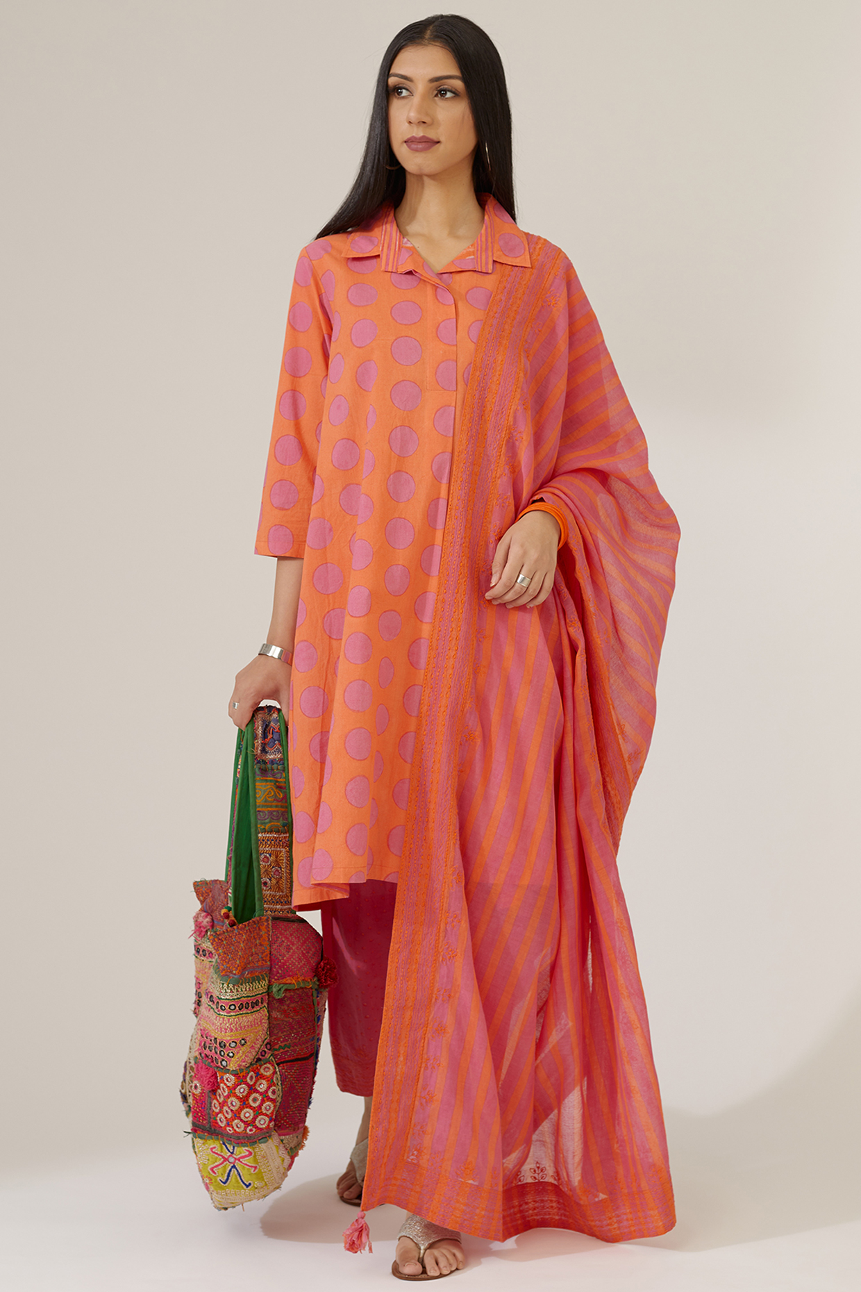 Orange Hand Block Printed Kurta Set by Kora at Pernia's Pop Up Shop