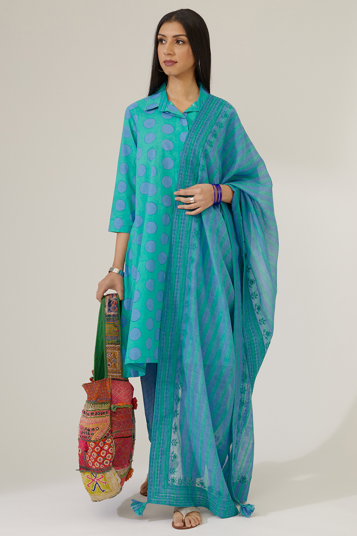 Aqua Green Hand Block Printed Kurta Set by Kora at Pernia's Pop Up Shop