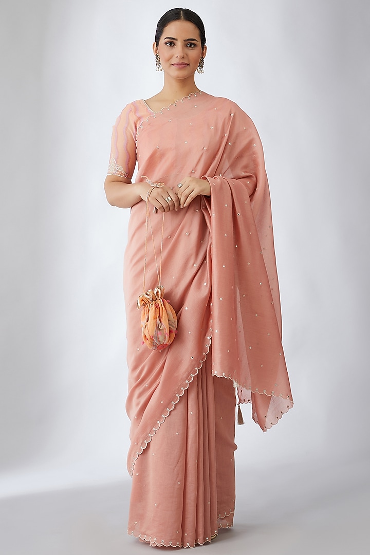 Salmon Pink Embroidered Party Wear Saree Set by Kora at Pernia's Pop Up Shop