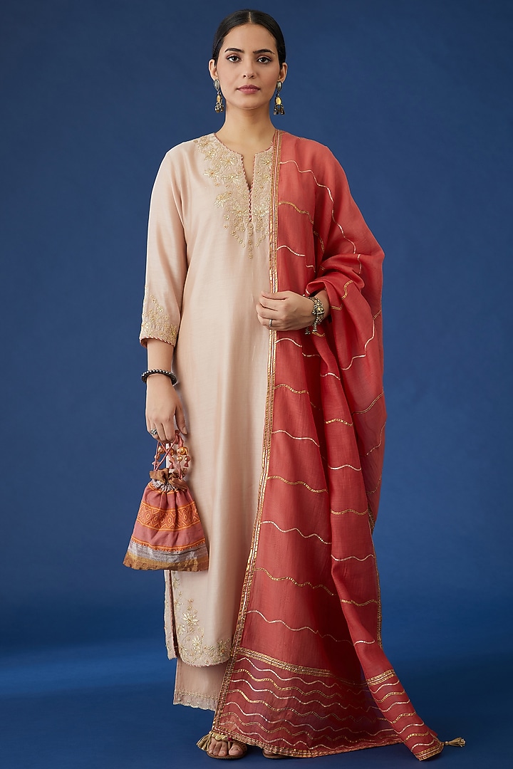 Nude Pink Embroidered Kurta Set by Kora at Pernia's Pop Up Shop