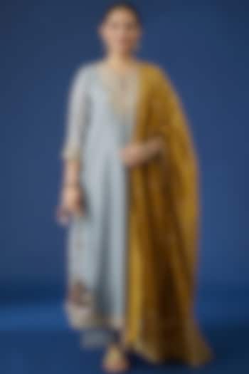 Bluish Grey Embroidered Kurta Set by Kora at Pernia's Pop Up Shop