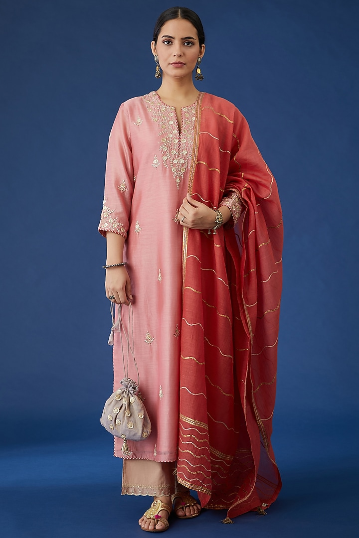 Pink Embroidered Kurta Set by Kora at Pernia's Pop Up Shop