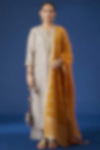 Warm Grey Embroidered Kurta Set by Kora at Pernia's Pop Up Shop