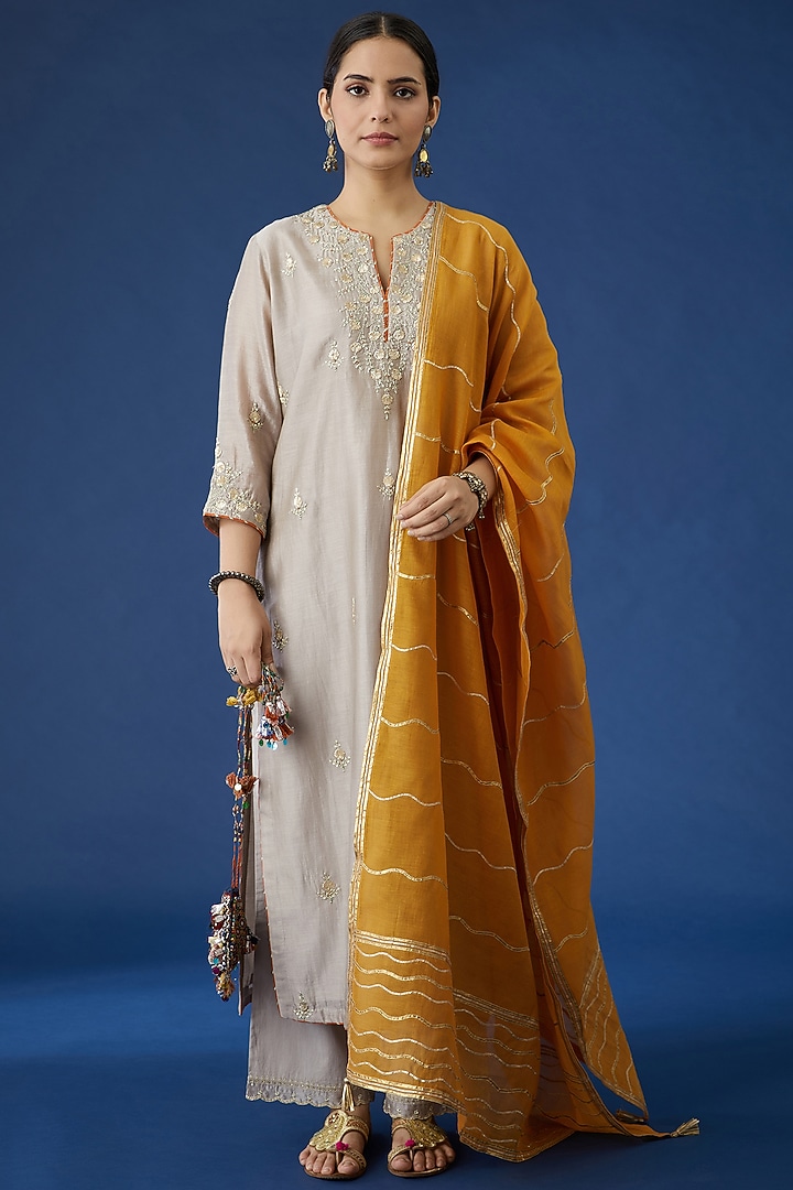 Warm Grey Embroidered Kurta Set by Kora at Pernia's Pop Up Shop