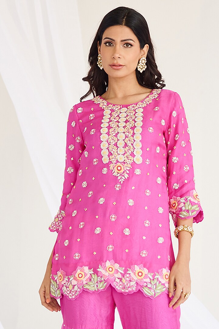 Fuchsia Silk Embroidered Bridal Sharara Set by Koashee By Shubhitaa at Pernia's Pop Up Shop