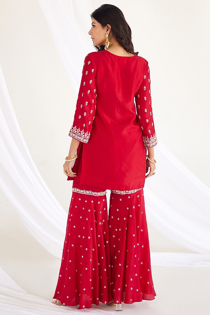 Cherry Red Silk Embroidered Wedding Sharara Set by Koashee By Shubhitaa at Pernia's Pop Up Shop