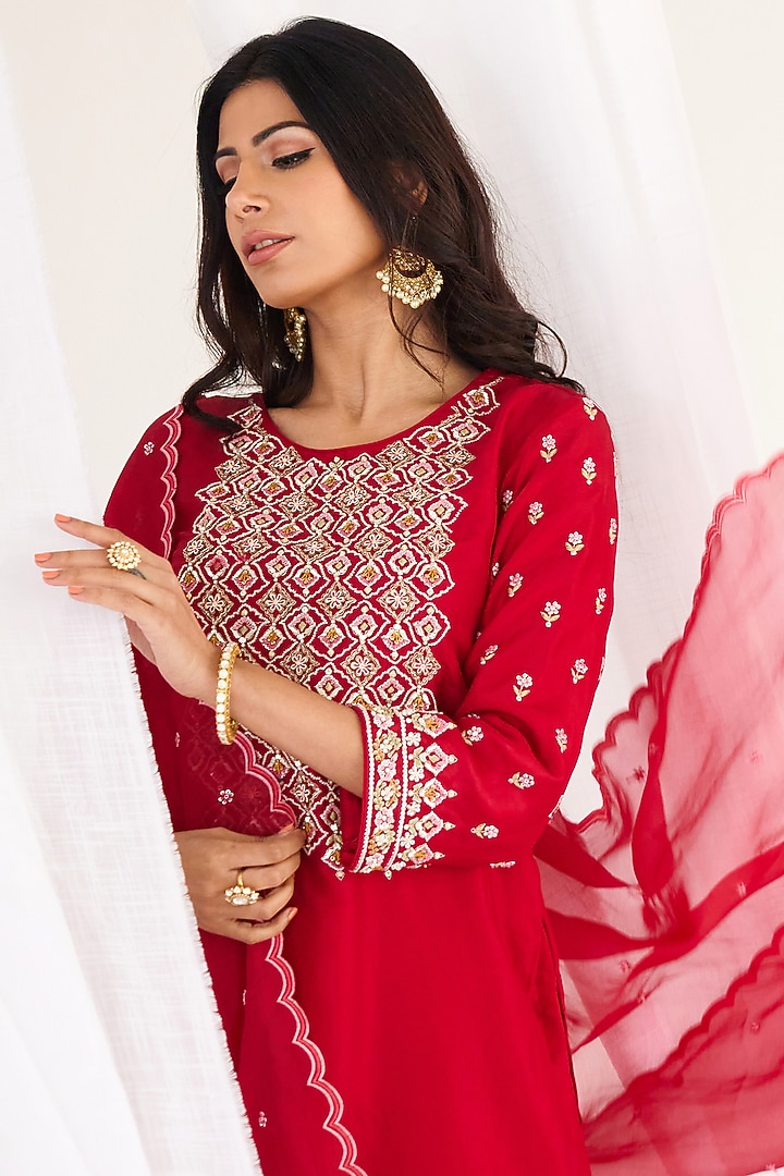 Cherry Red Silk Embroidered Wedding Sharara Set by Koashee By Shubhitaa at Pernia's Pop Up Shop