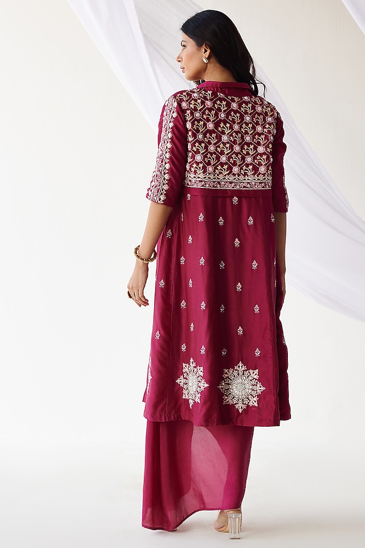 Magenta Silk Embroidered Jacket Set by Koashee By Shubhitaa at Pernia's Pop Up Shop