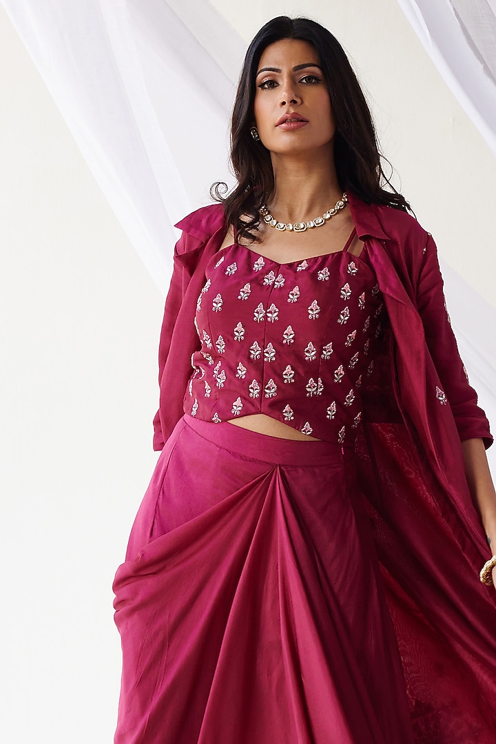 Magenta Silk Embroidered Jacket Set by Koashee By Shubhitaa at Pernia's Pop Up Shop
