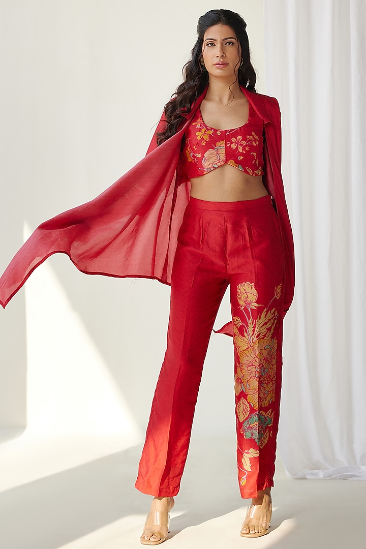 Red Silk Printed Jacket Set by Koashee By Shubhitaa
