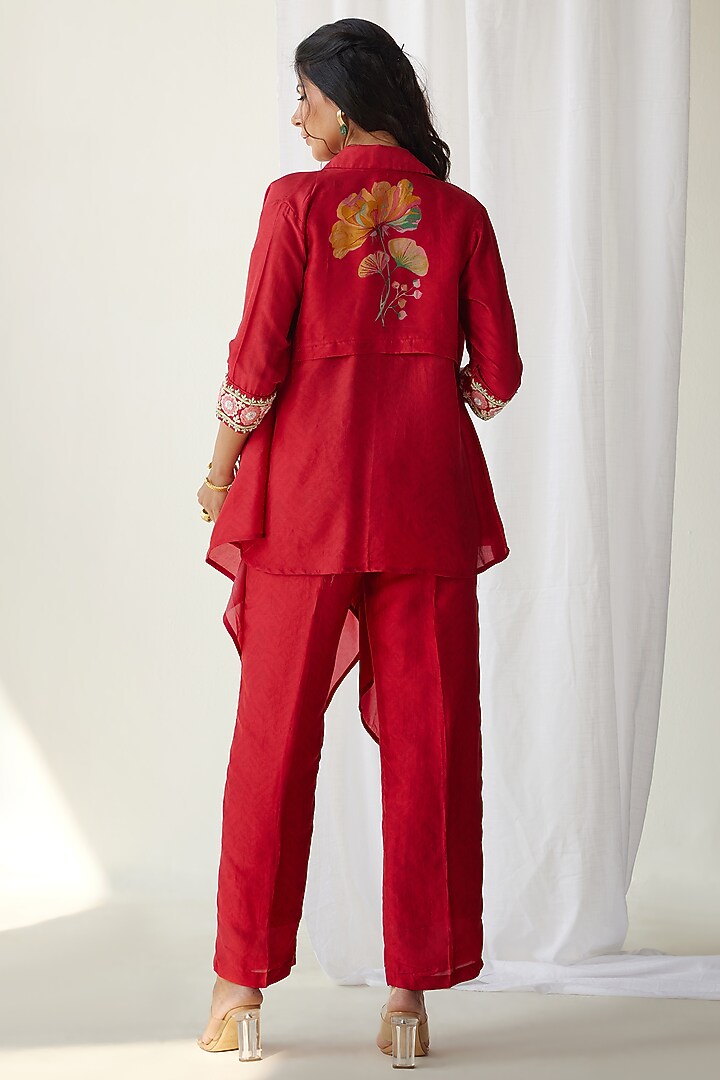 Red Silk Printed Jacket Set by Koashee By Shubhitaa at Pernia's Pop Up Shop