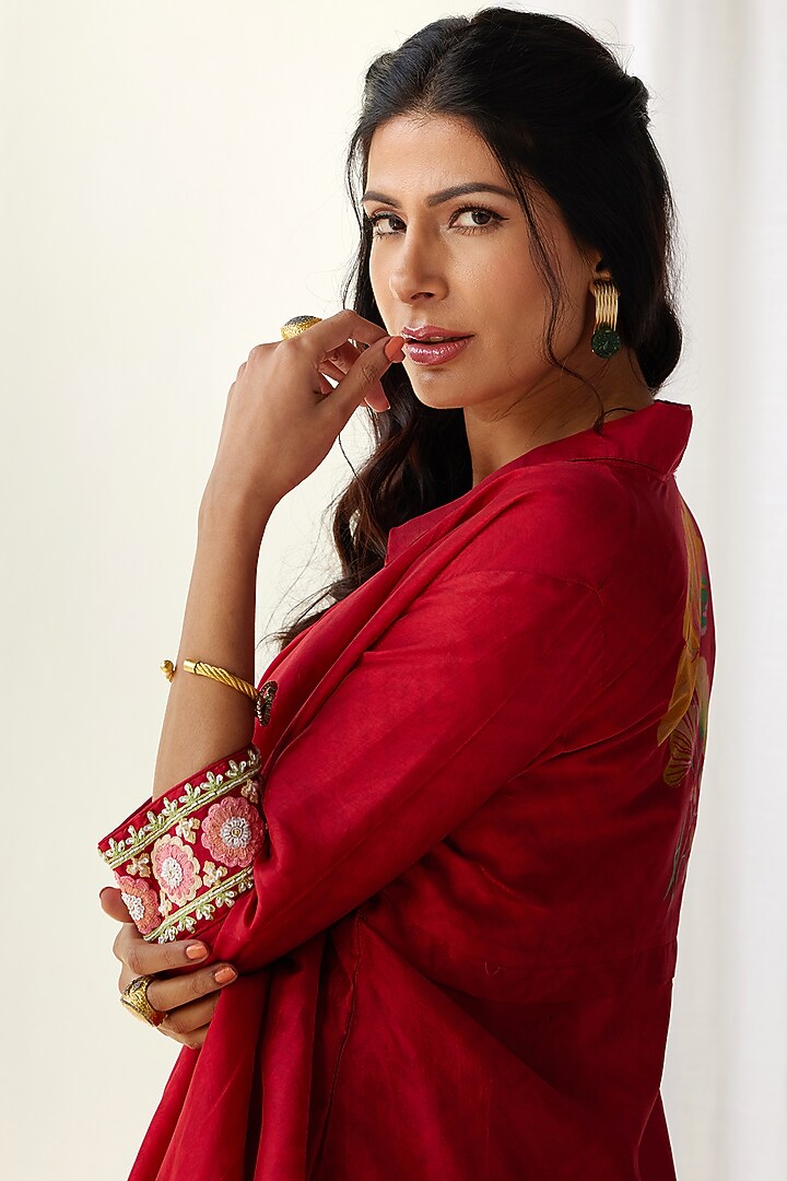 Red Silk Printed Jacket Set by Koashee By Shubhitaa at Pernia's Pop Up Shop