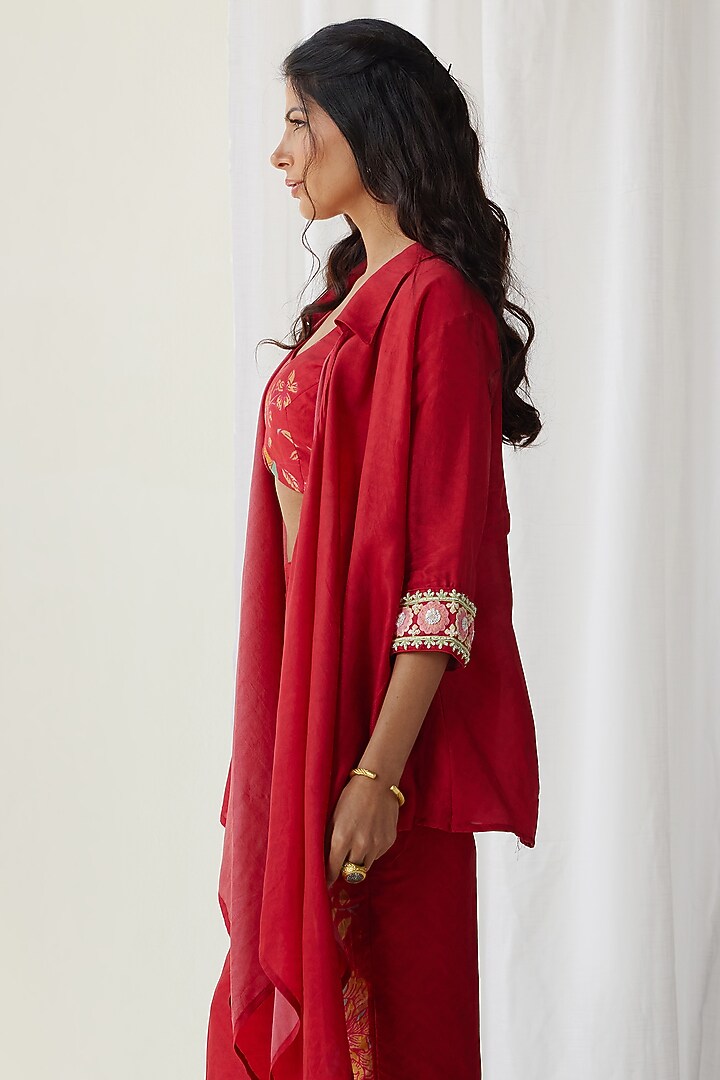 Red Silk Printed Jacket Set by Koashee By Shubhitaa at Pernia's Pop Up Shop