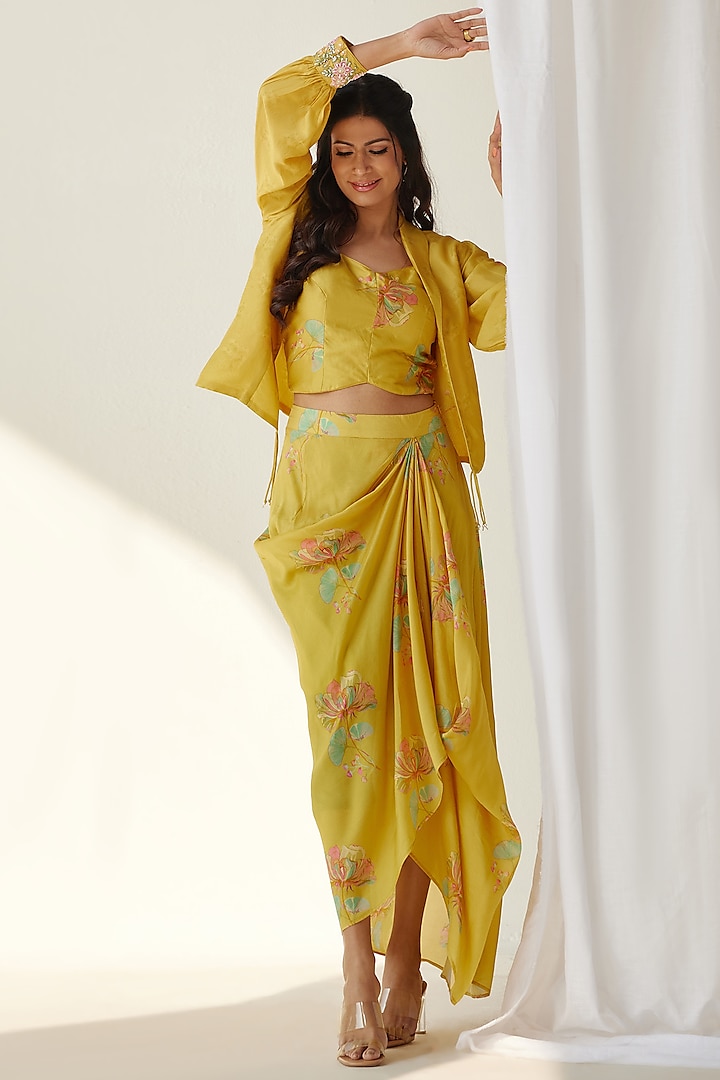 Yellow Silk Embroidered Jacket Set by Koashee By Shubhitaa