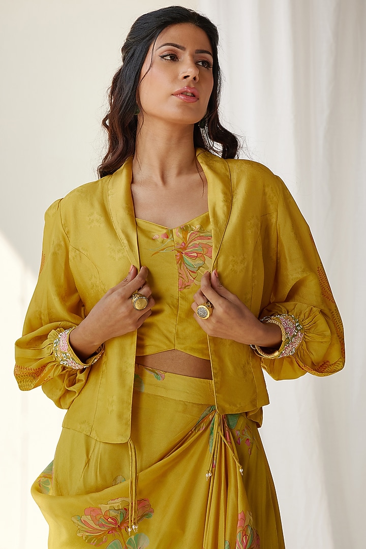 Yellow Silk Embroidered Jacket Set by Koashee By Shubhitaa at Pernia's Pop Up Shop