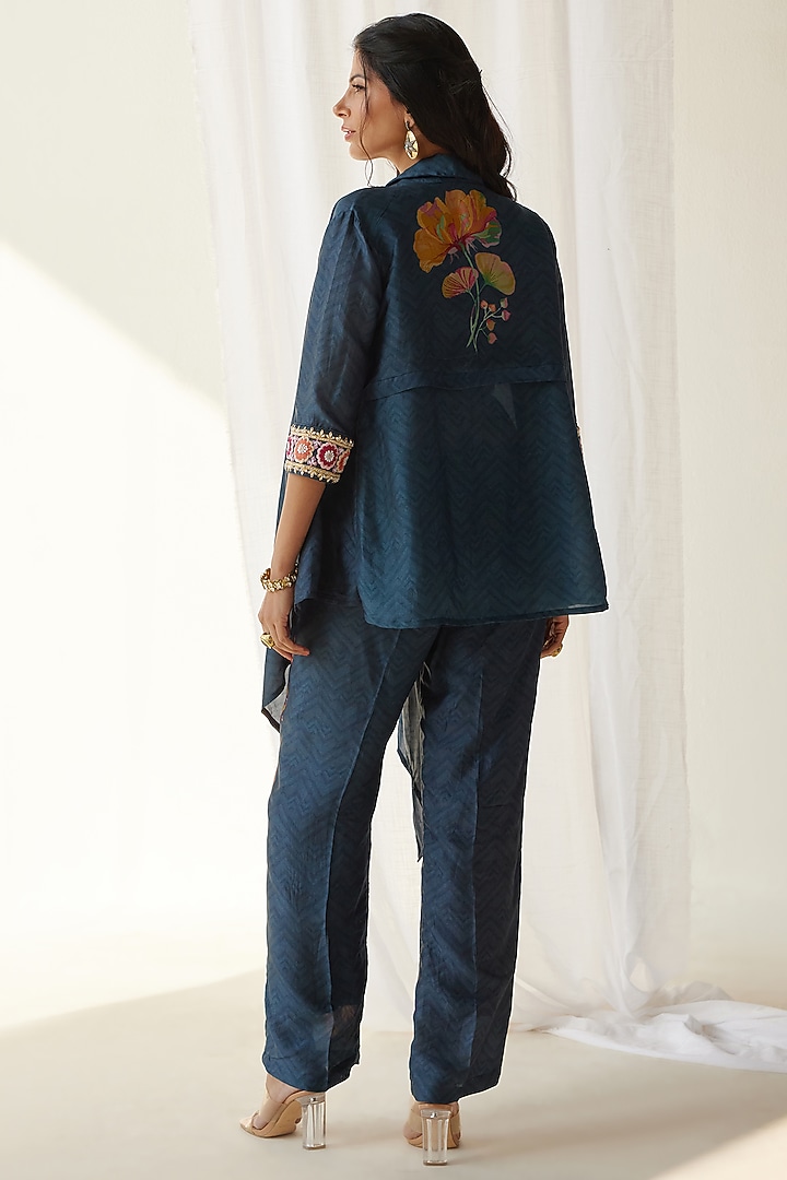 Blue Silk Printed Jacket Set by Koashee By Shubhitaa at Pernia's Pop Up Shop