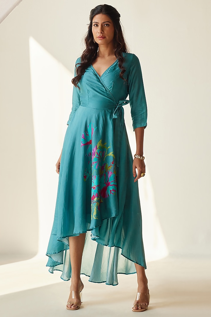 Turquoise Silk Printed Wrap Dress by Koashee By Shubhitaa
