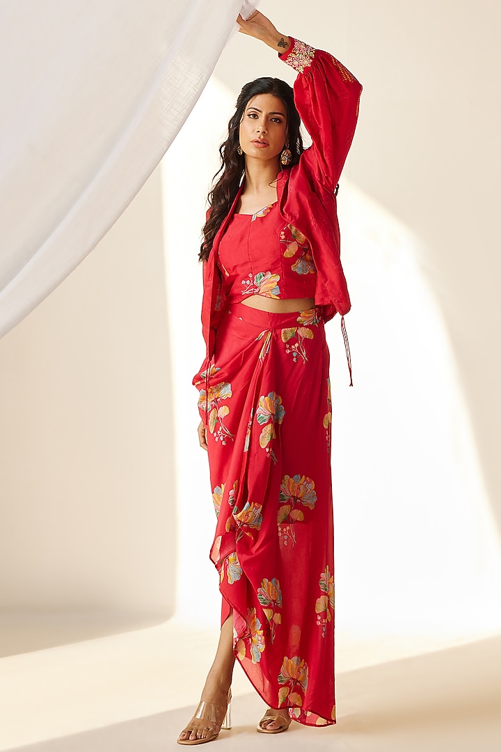 Red Silk Jacket Set by Koashee By Shubhitaa