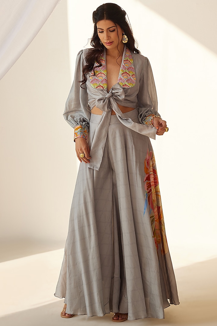 Mist Grey Silk Embroidered Palazzo Pant Set by Koashee By Shubhitaa