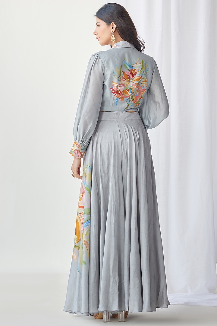 Mist Grey Silk Embroidered Palazzo Pant Set by Koashee By Shubhitaa at Pernia's Pop Up Shop