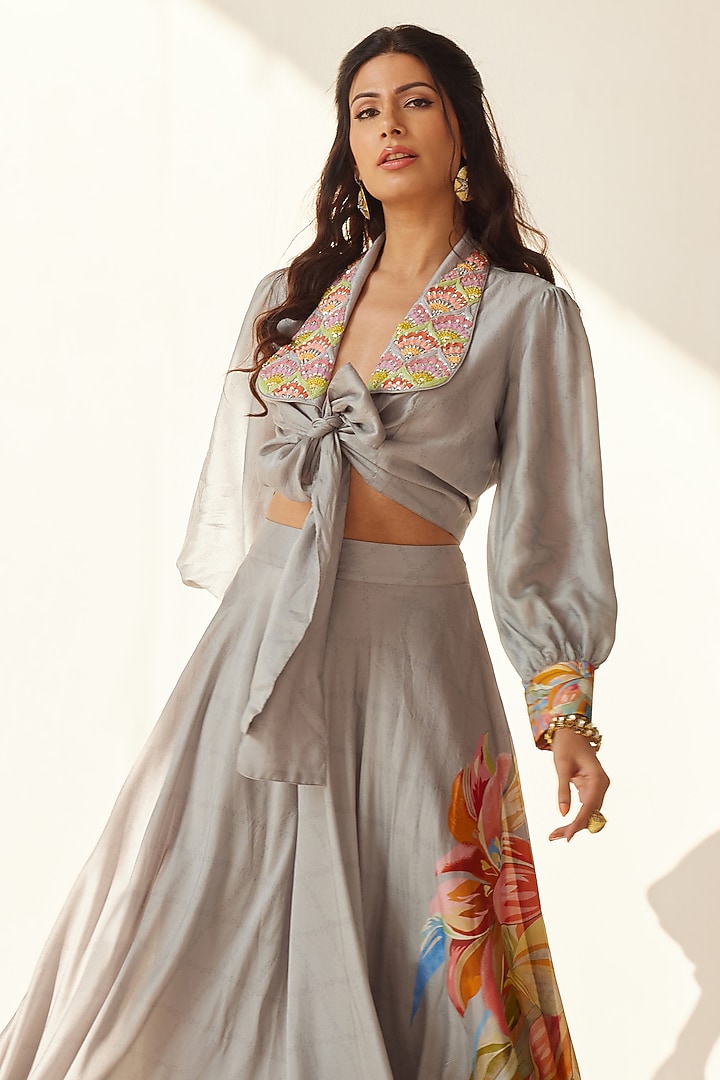 Mist Grey Silk Embroidered Palazzo Pant Set by Koashee By Shubhitaa at Pernia's Pop Up Shop