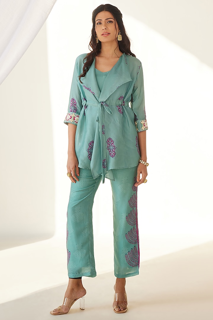 Sea Green Silk Printed Jacket Set by Koashee By Shubhitaa