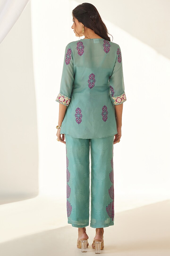 Sea Green Silk Printed Jacket Set by Koashee By Shubhitaa at Pernia's Pop Up Shop