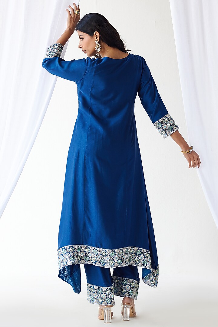 Midnight Blue Silk Embroidered Kurta Set by Koashee By Shubhitaa at Pernia's Pop Up Shop