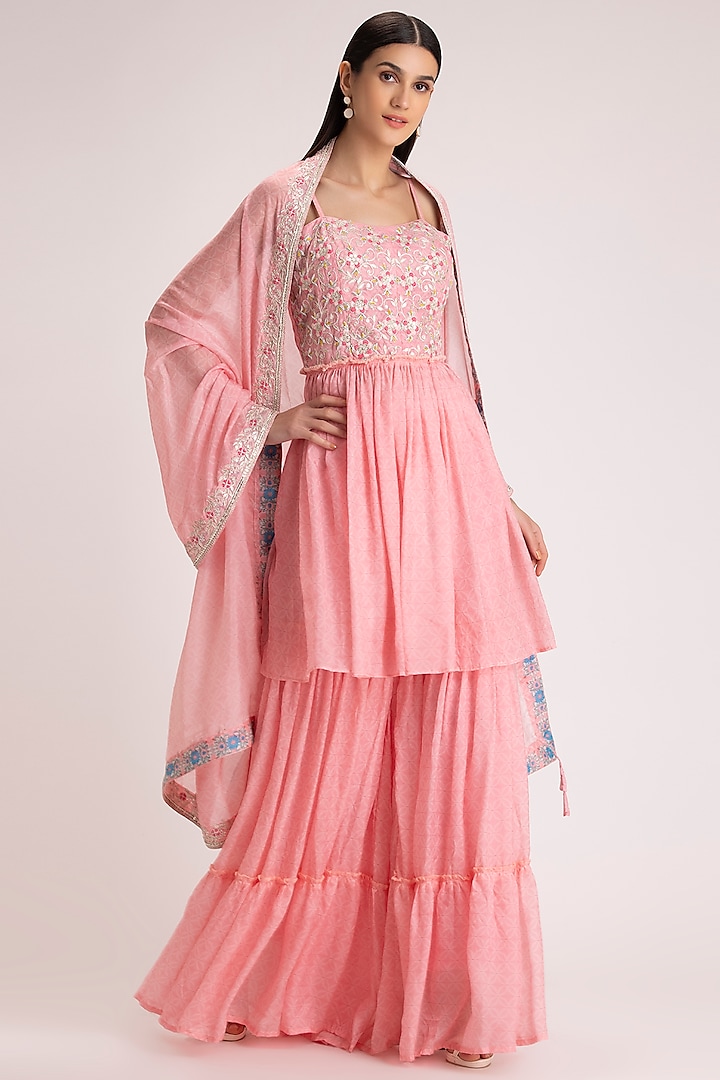 Baby Pink Silk Sharara Set by Koashee By Shubhitaa