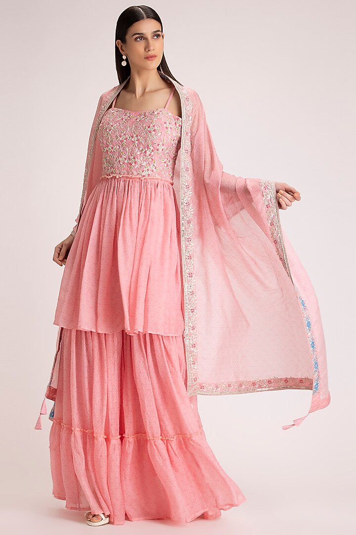 Baby Pink Silk Wedding Sharara Set by Koashee By Shubhitaa at Pernia's Pop Up Shop