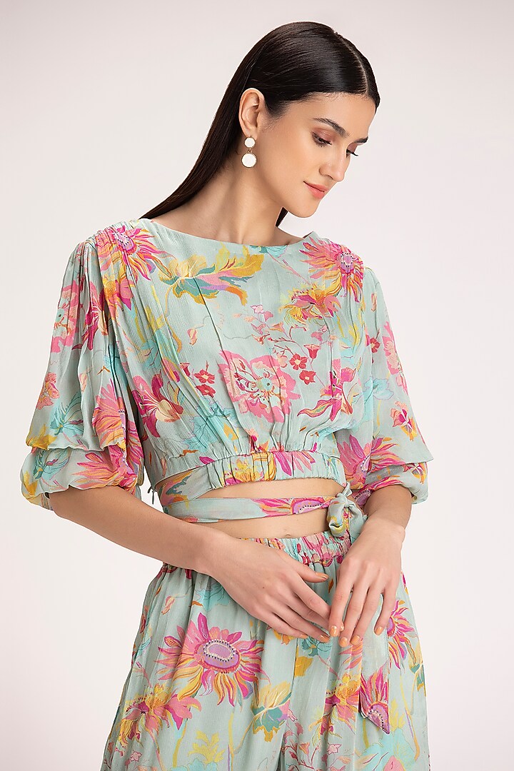 Aqua Floral Printed Pant Set by Koashee By Shubhitaa at Pernia's Pop Up Shop