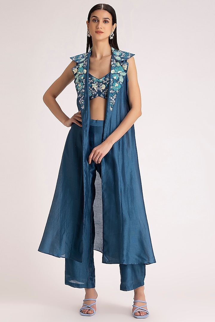 Blue Silk Jacket Set by Koashee By Shubhitaa