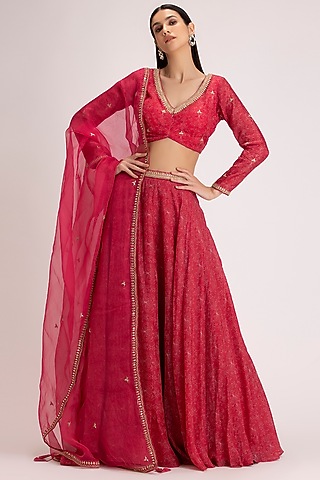 Red Embroidered Lehenga Set by Koashee By Shubhitaa