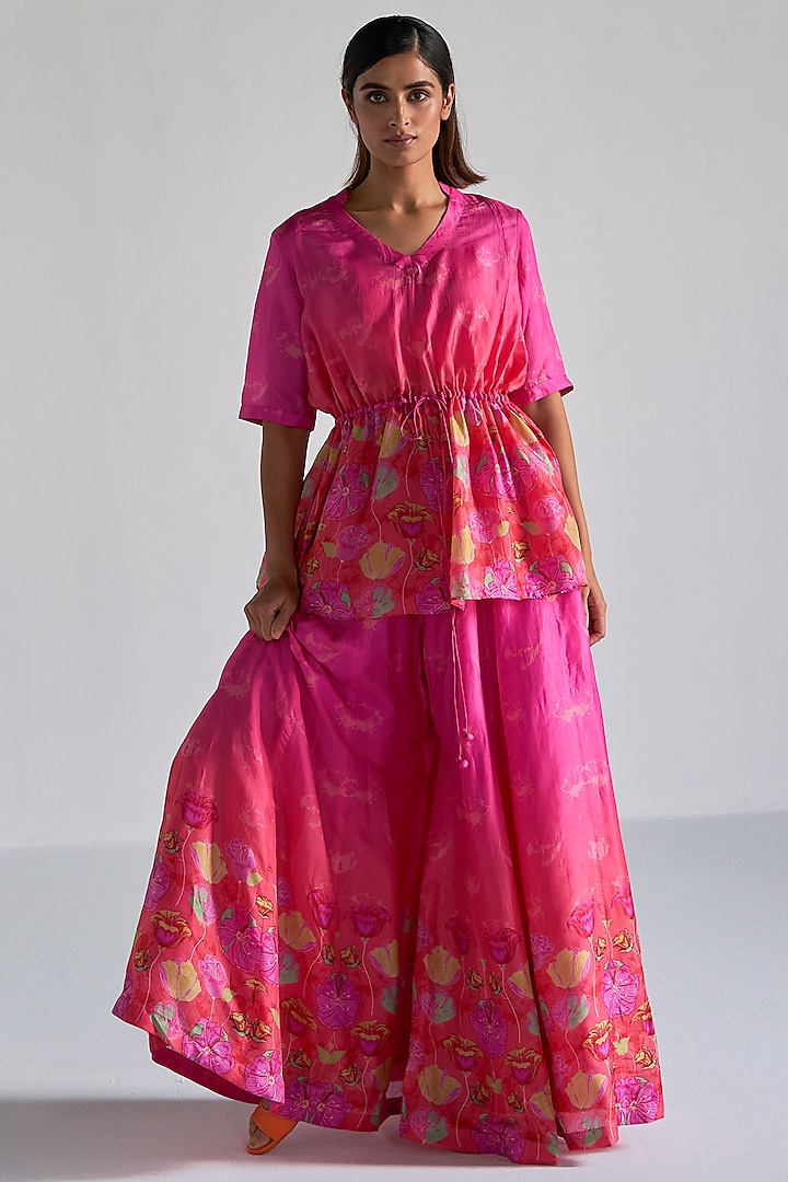Pink Bemberg Silk Printed Sharara Set by KOASHEE BY SHUBHITAA