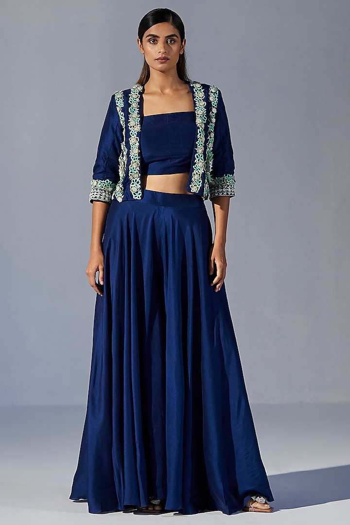 Indigo Blue Silk Embroidered Jacket Set by KOASHEE BY SHUBHITAA at Pernia's Pop Up Shop