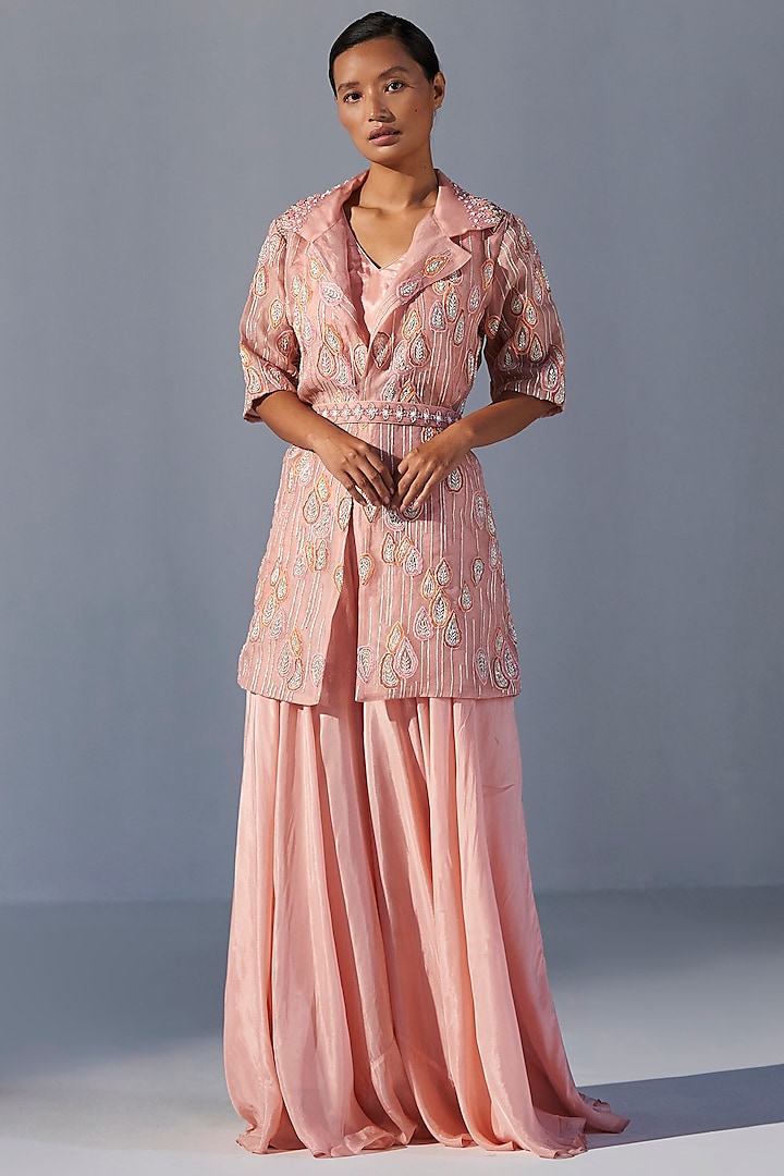 Peach Silk Embroidered Jacket Set by KOASHEE BY SHUBHITAA
