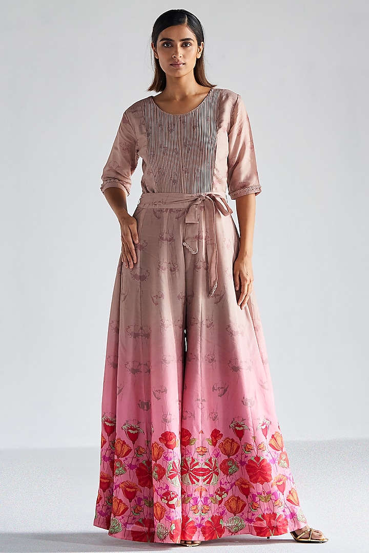 Rose Pink & Beige Bemberg Silk Embroidered Jumpsuit by KOASHEE BY SHUBHITAA
