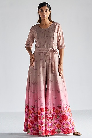 Rose Pink & Beige Bemberg Silk Embroidered Jumpsuit by KOASHEE BY SHUBHITAA
