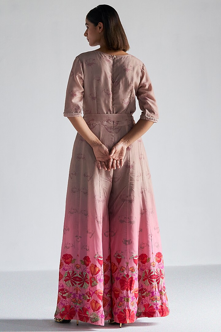 Rose Pink & Beige Bemberg Silk Embroidered Jumpsuit by KOASHEE BY SHUBHITAA at Pernia's Pop Up Shop