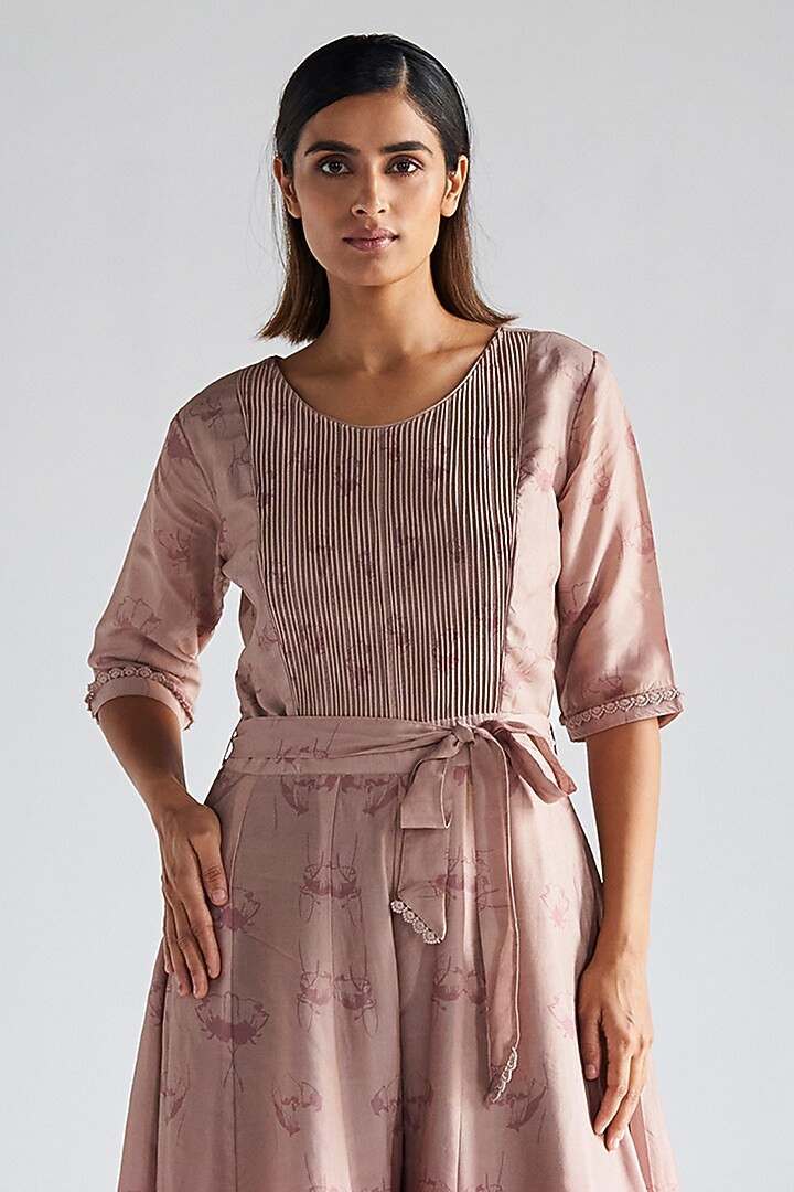 Rose Pink & Beige Bemberg Silk Embroidered Jumpsuit by KOASHEE BY SHUBHITAA at Pernia's Pop Up Shop