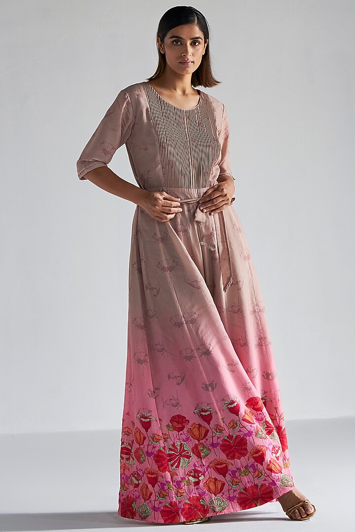 Rose Pink & Beige Bemberg Silk Embroidered Jumpsuit by KOASHEE BY SHUBHITAA at Pernia's Pop Up Shop