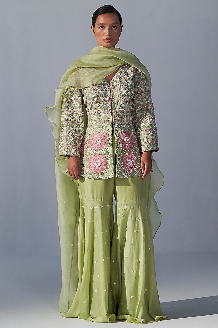 Pista Green Bemberg Silk Sharara Set by KOASHEE BY SHUBHITAA