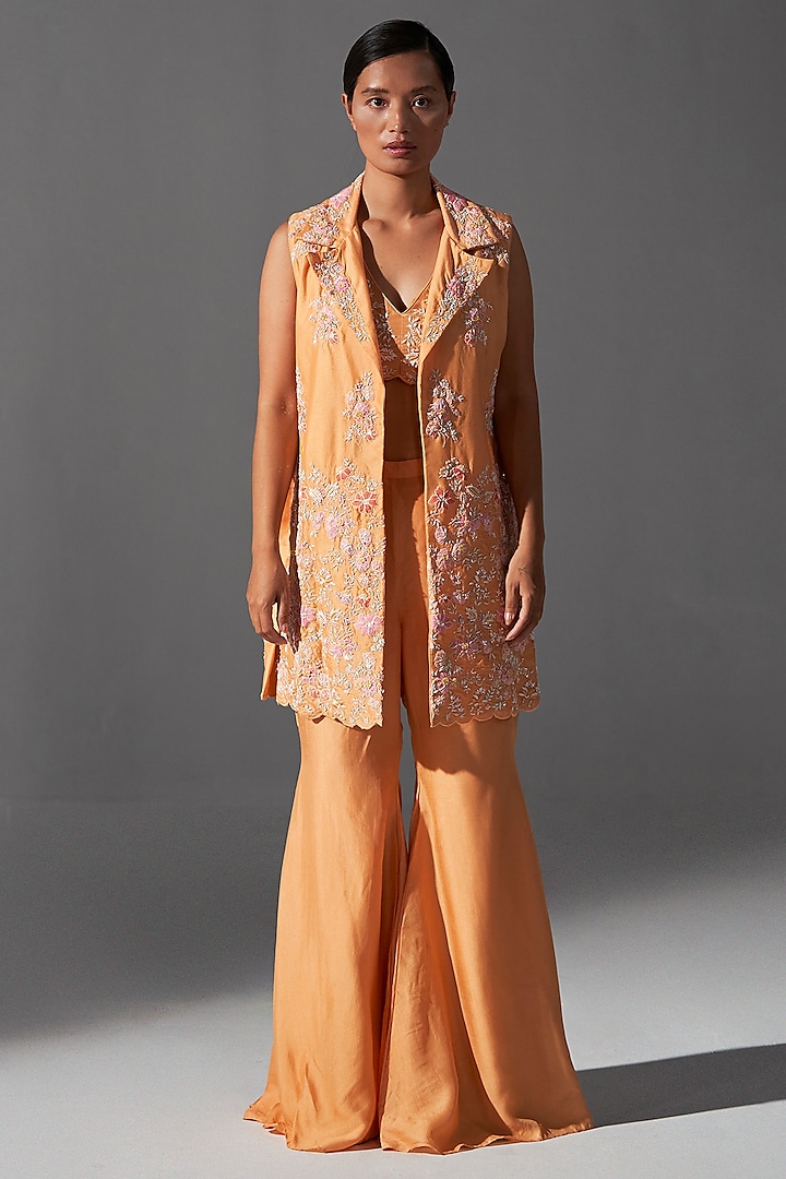 Tangerine Bemberg Silk Embroidered Jacket Set by KOASHEE BY SHUBHITAA at Pernia's Pop Up Shop