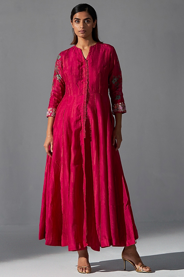 Red Bemberg Silk Embellished & Printed Anarkali Set by KOASHEE BY SHUBHITAA