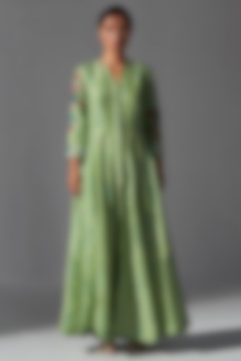 Green Bemberg Silk Embellished & Printed Anarkali Set by KOASHEE BY SHUBHITAA