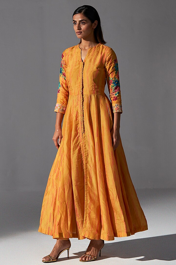 Mustard Bemberg Silk Embellished & Printed Anarkali Set by KOASHEE BY SHUBHITAA