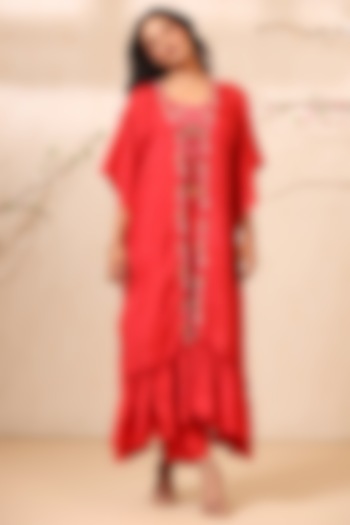 Scarlet Red Bemberg Silk Frilled Jacket Set by Koashee By Shubhitaa