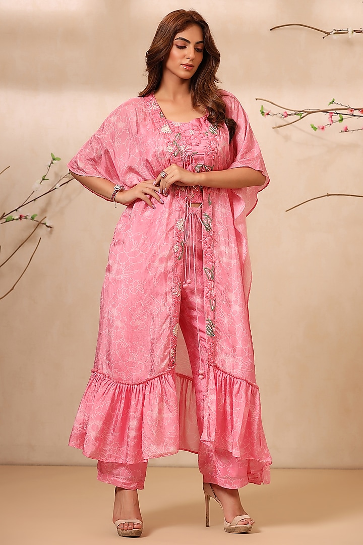 Pink Bemberg Silk Frilled Jacket Set by Koashee By Shubhitaa