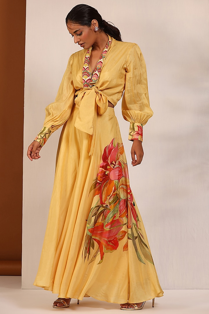 Yellow Bemberg Silk Sharara Set by Koashee By Shubhitaa
